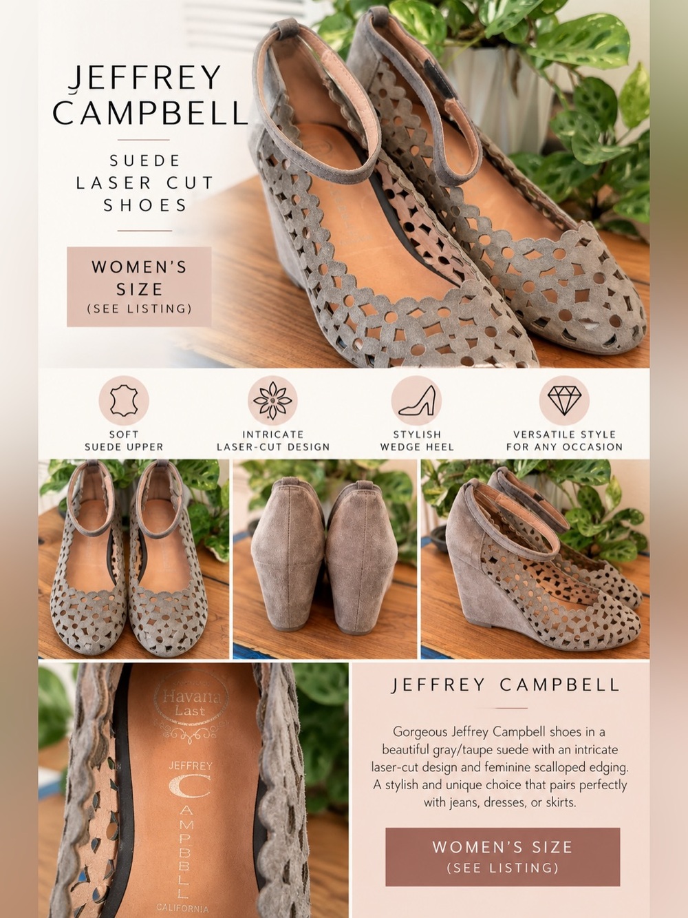 Jeffrey Campbell Taupe Suede Laser-Cut Wedge Sandals